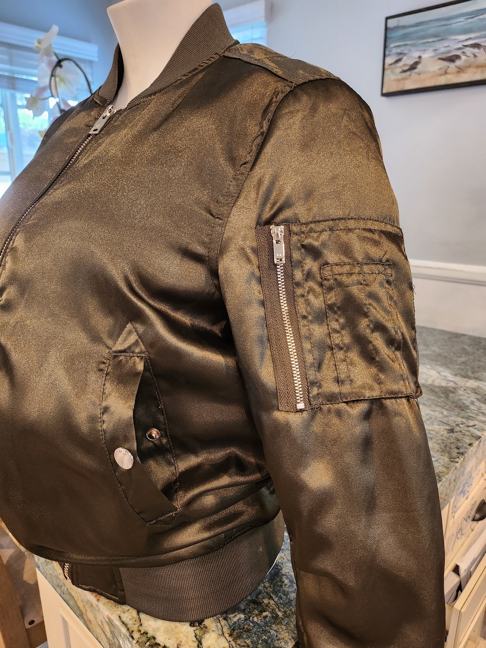 Mango Black Satin Bomber Jacket with Silver Zip - Picture 6 of 9